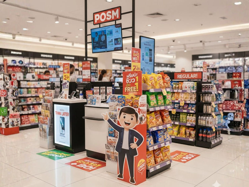 สแตนด์โปรโมชั่นสีแดงขาวตัวการ์ตูนชายสูทชี้ขนมปิดการขาย
