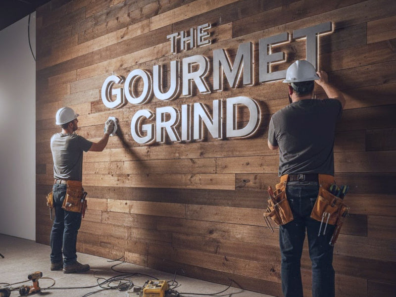 ป้ายตัวอักษรสามมิติสีขาวสลักคำว่า The Gourmet Grind ติดผนังไม้