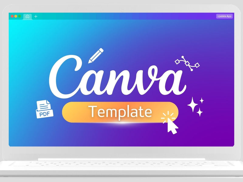 แล็ปท็อปขาวสไลด์แสดงเทมเพลตแคนวาสไลด์สีฟ้าถึงม่วง คำว่า template สีส้มตัวหนา
