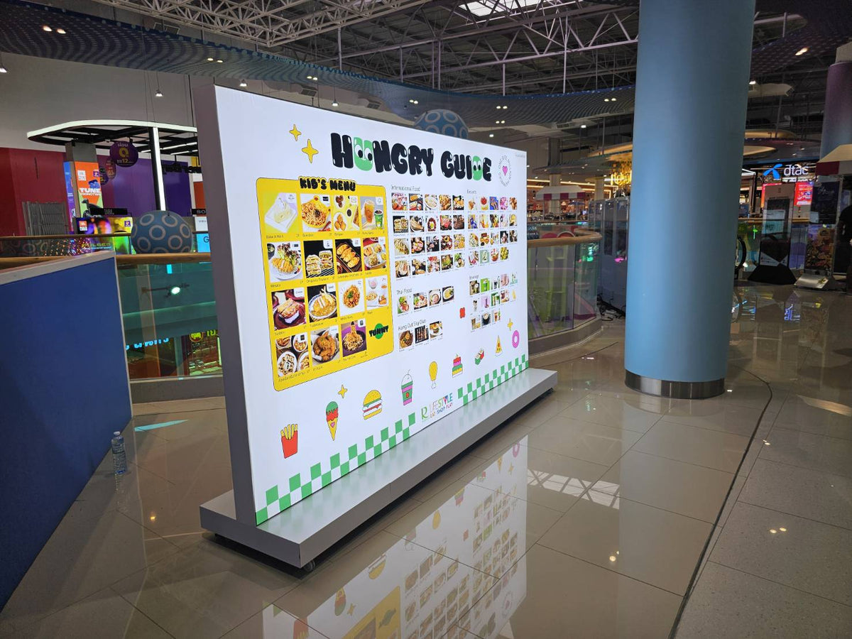 ป้ายกล่องไฟผ้า 3P ฐานตั้งพื้น มีล้อลาก เคลื่อนย้ายสะดวก เหมาะสำหรับงานอีเวนต์และงานโปรโมชัน