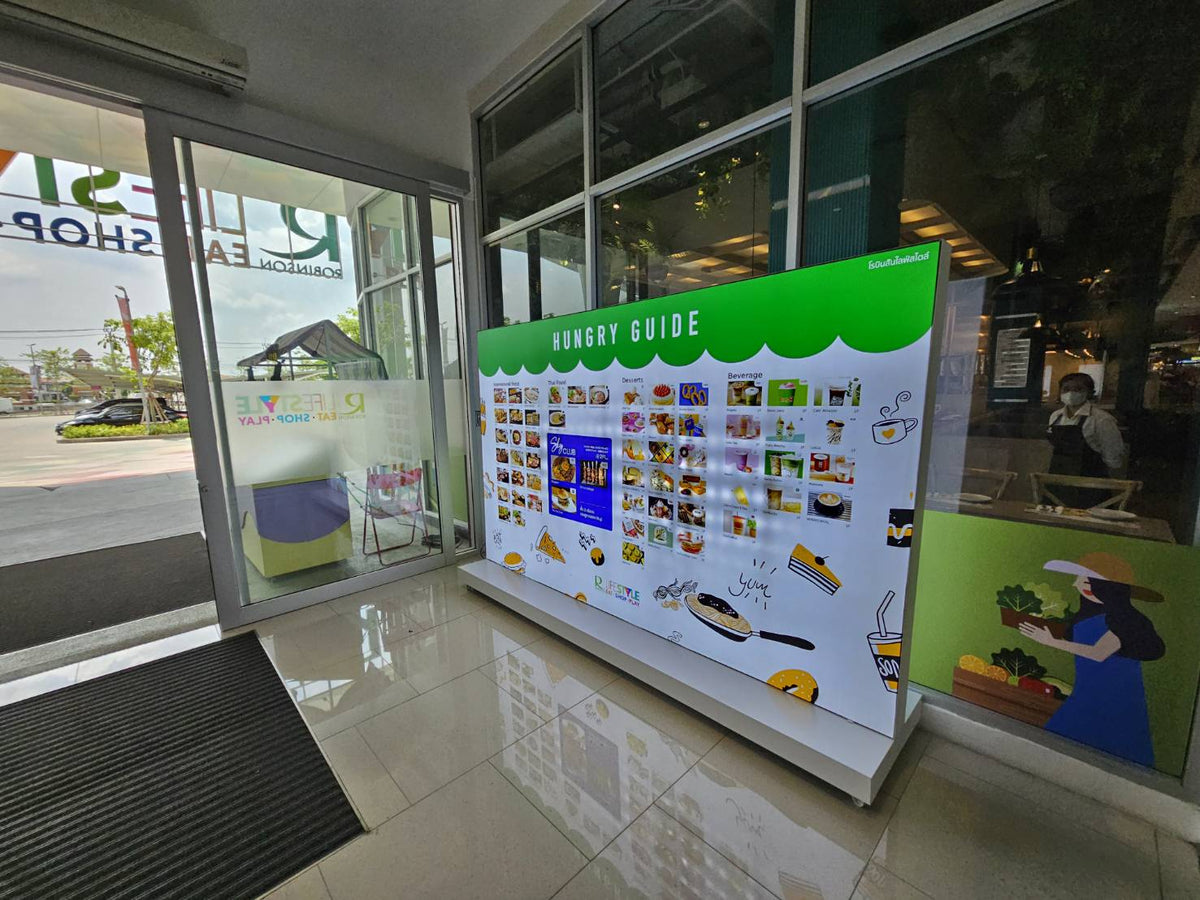 ป้ายกล่องไฟผ้า 3P ฐานตั้งพื้น มีล้อลาก เคลื่อนย้ายสะดวก เหมาะสำหรับงานอีเวนต์และงานโปรโมชัน