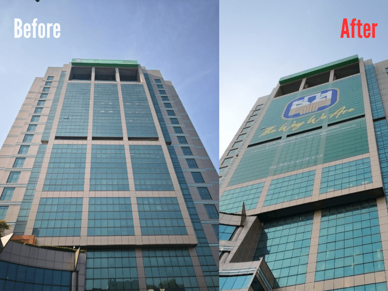 รับติดสติ๊กเกอร์อาคารสูง และป้ายติดตึก งานพิมพ์คมชัด ทีมช่างมืออาชีพ เหมาะสำหรับโฆษณา โปรโมชัน และสร้างภาพลักษณ์องค์กร