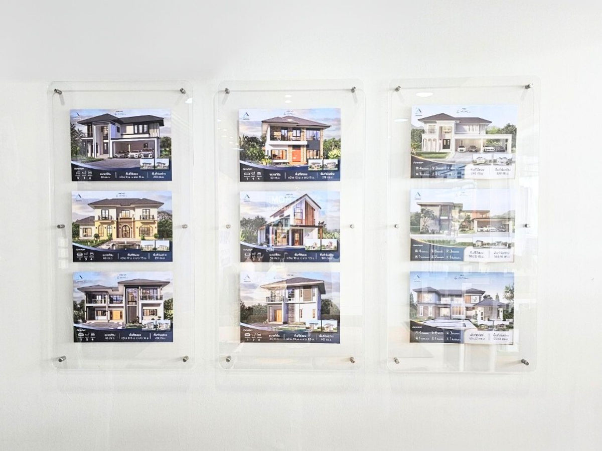 ป้ายอะคริลิคหมุดลอย Standoff ดีไซน์โมเดิร์น พิมพ์คมชัด เหมาะสำหรับป้ายบริษัทและสำนักงาน