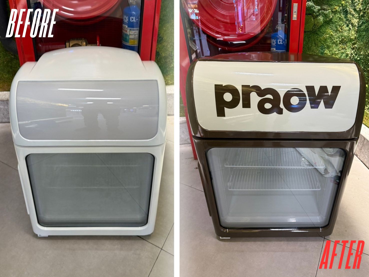 สติ๊กเกอร์ติดตู้เย็น praow สีขาวน้ำตาลตัวอักษรดำ