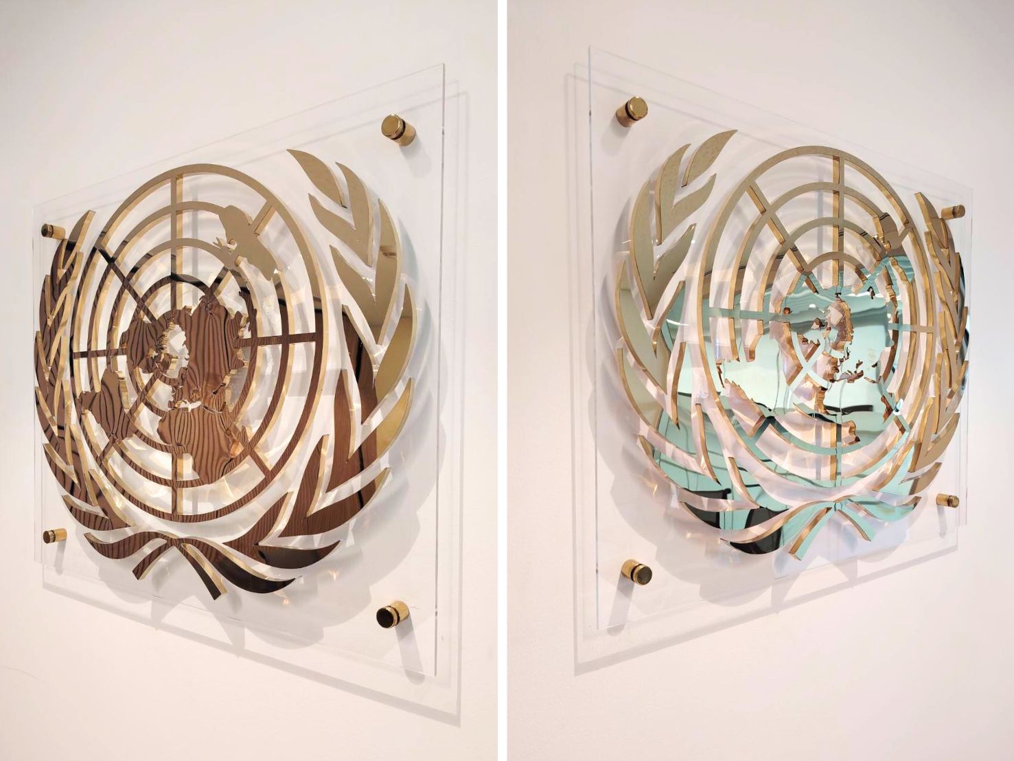 ป้ายสแตนเลสสีทองเงา ลายสัญลักษณ์สหประชาชาติ