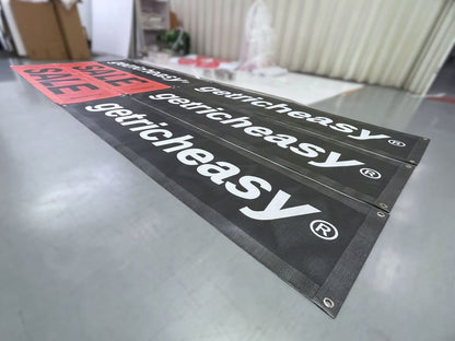 ป้ายผ้าดำตาข่าย GetRichEasy™ ตัวอักษรขาว ห่วงมุม