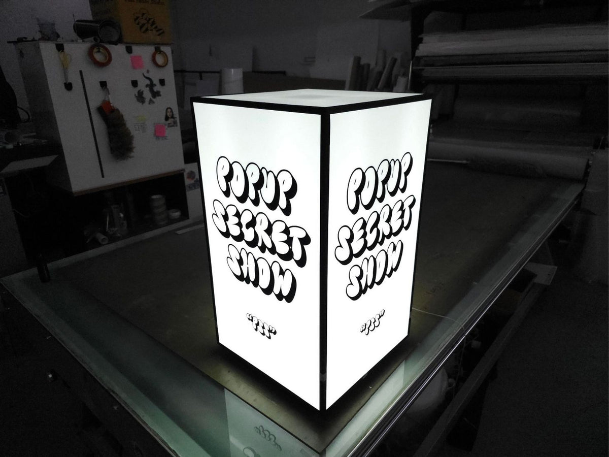 Acrylic light box, lights around the sign, attached from the wall