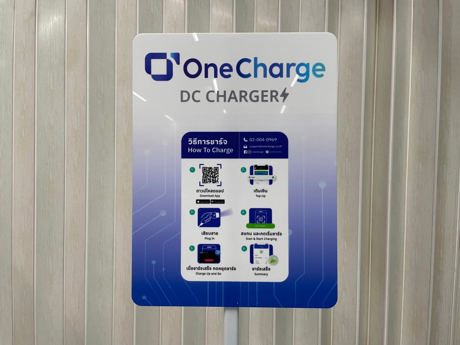 ป้ายใช้งาน onecharge dc charger สีขาวน้ำเงิน ขั้นตอนชาร์จภาษาไทยอังกฤษ QRโค้ด