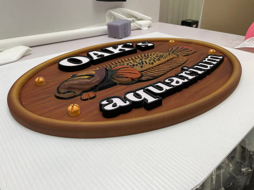 3D Carved Wooden Sign hand-painted fish illustration CNC router