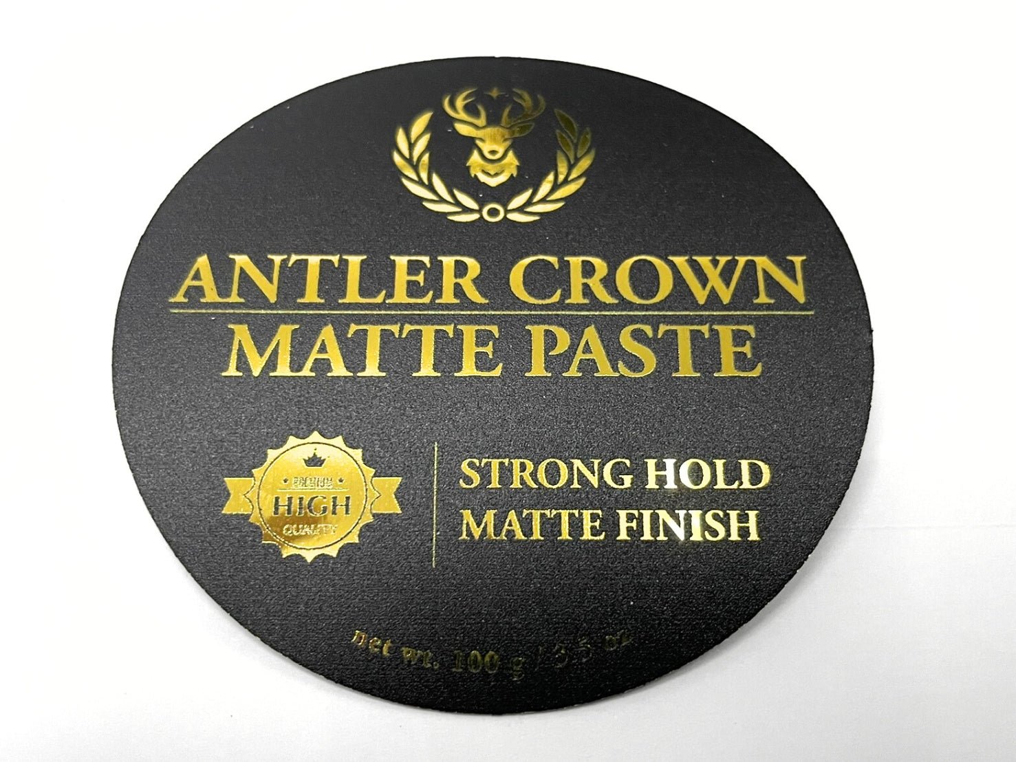 กระป๋องกลมดำ พาสต้าแอชเชอร์โครนแมตต์ ตัวอักษรฟอยล์ทอง โลโก้กวาง