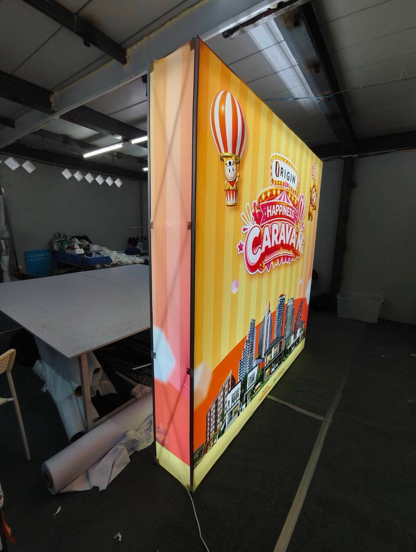 Fabric backdrop, LED lights, kangaroo frame