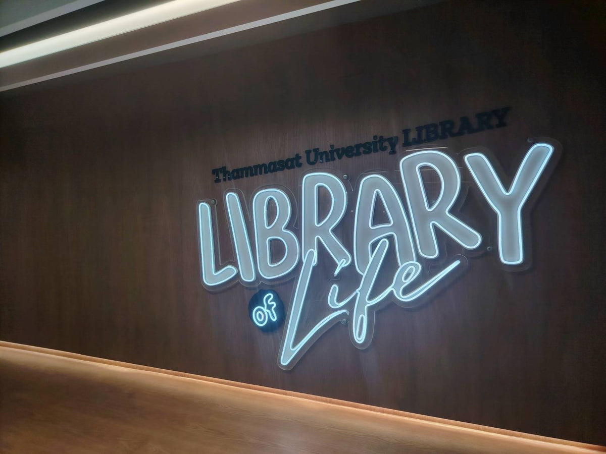 ป้ายไฟนีออน Library of Life สีฟ้าโค้งสไตล์นีออน