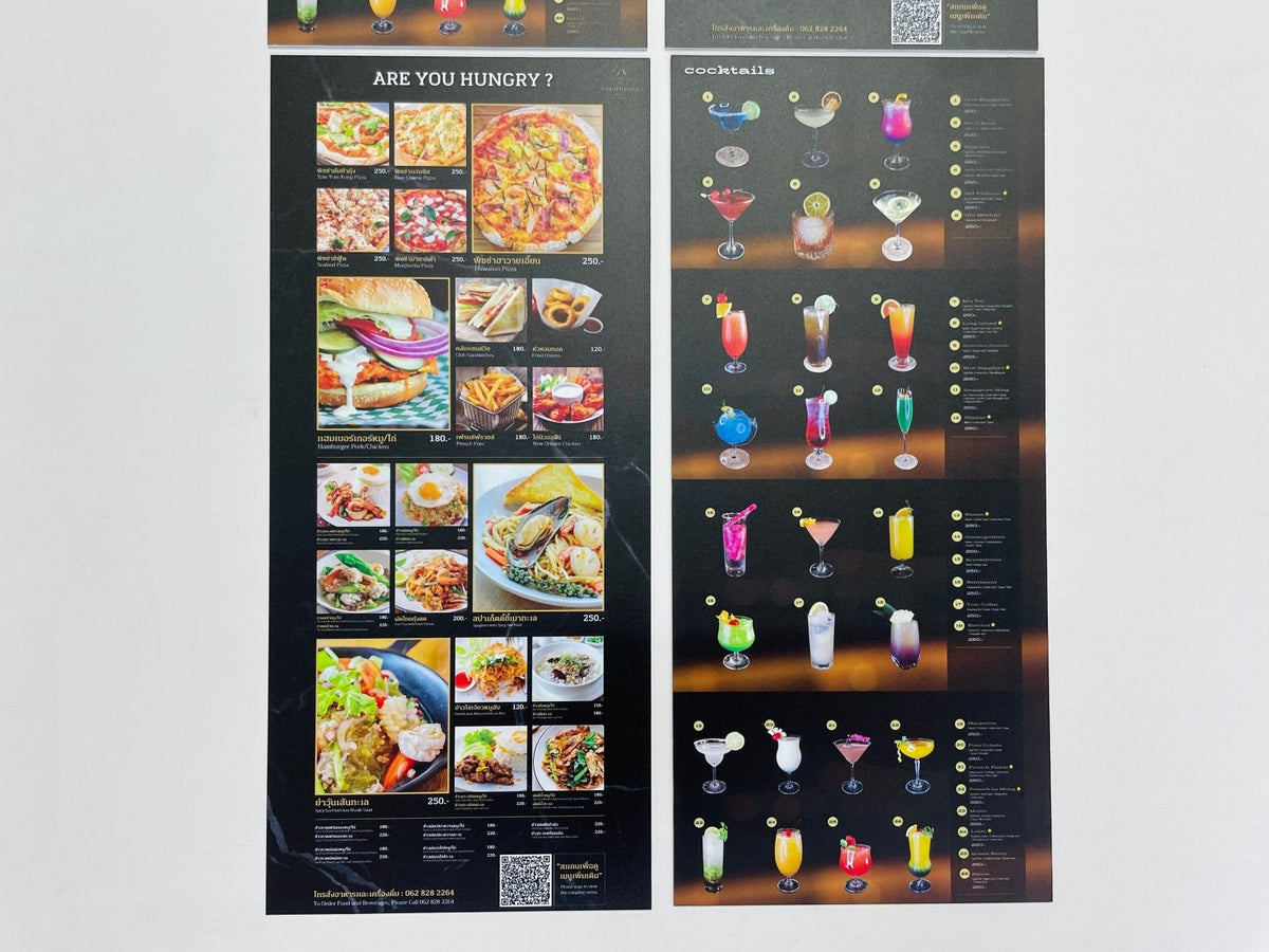 แผ่นเมนู พลาสติก HIP พลาสวูด แข็งแรง กันน้ำ พิมพ์คมชัด เหมาะสำหรับร้านอาหารและคาเฟ่