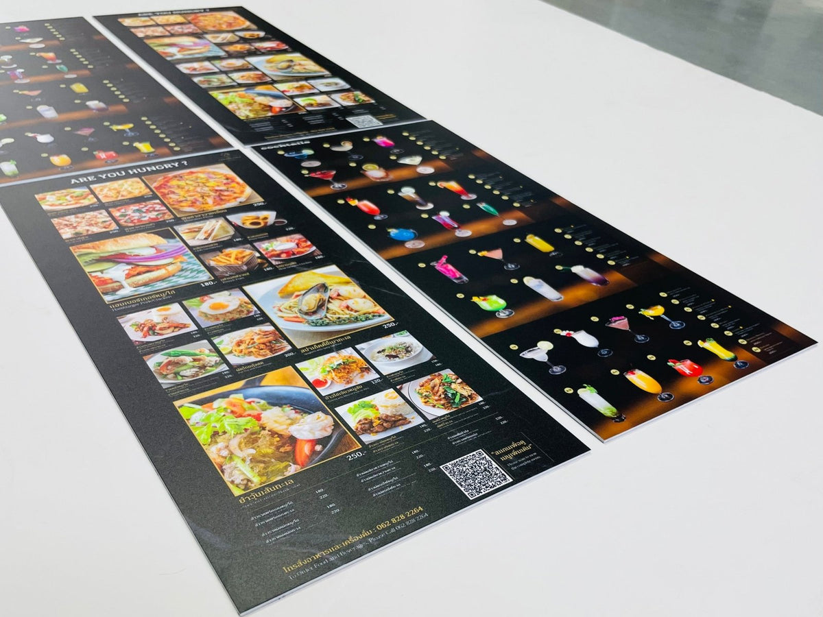 แผ่นเมนู พลาสติก HIP พลาสวูด แข็งแรง กันน้ำ พิมพ์คมชัด เหมาะสำหรับร้านอาหารและคาเฟ่
