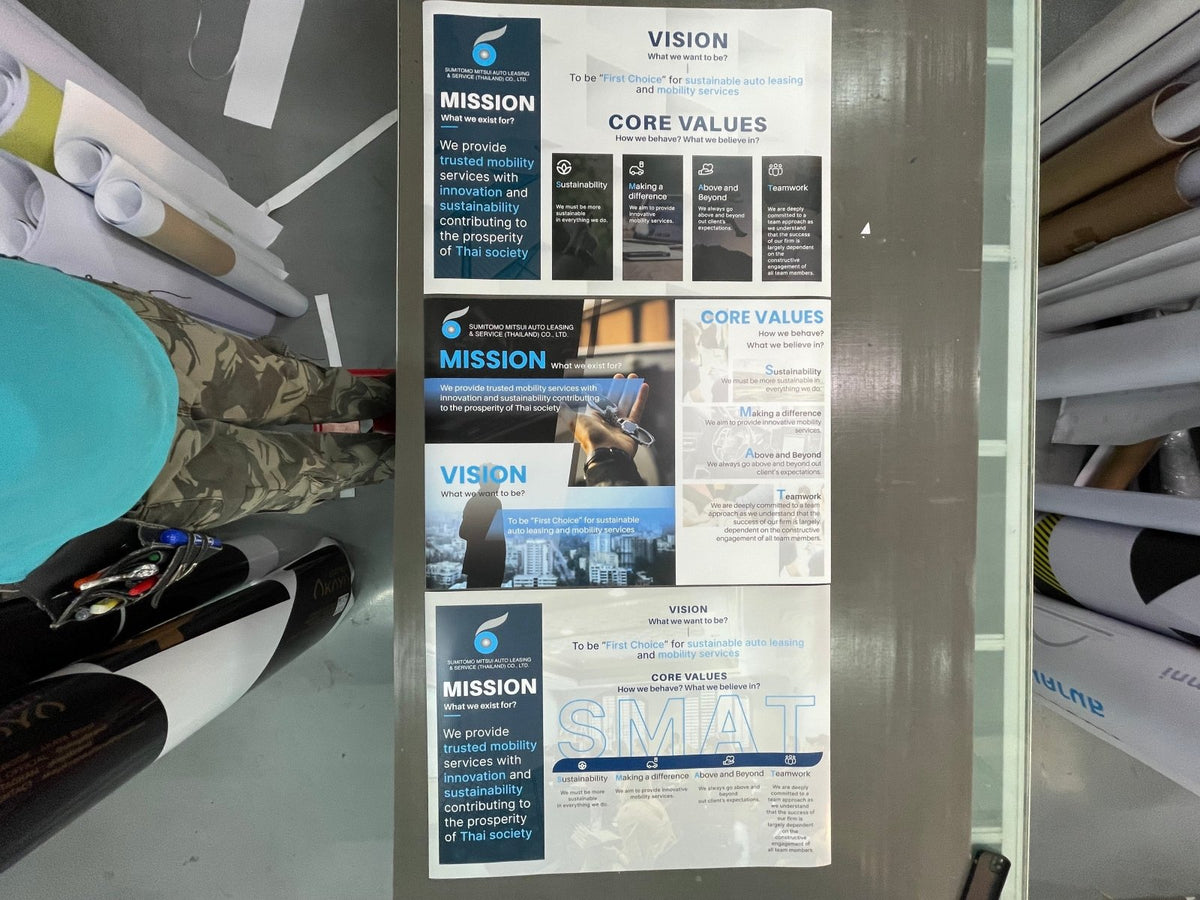 ป้าย Vision Mission แสดงวิสัยทัศน์และพันธกิจองค์กร พิมพ์คมชัด ดีไซน์สวย เหมาะสำหรับออฟฟิศ บริษัท โรงงาน และสถานศึกษา