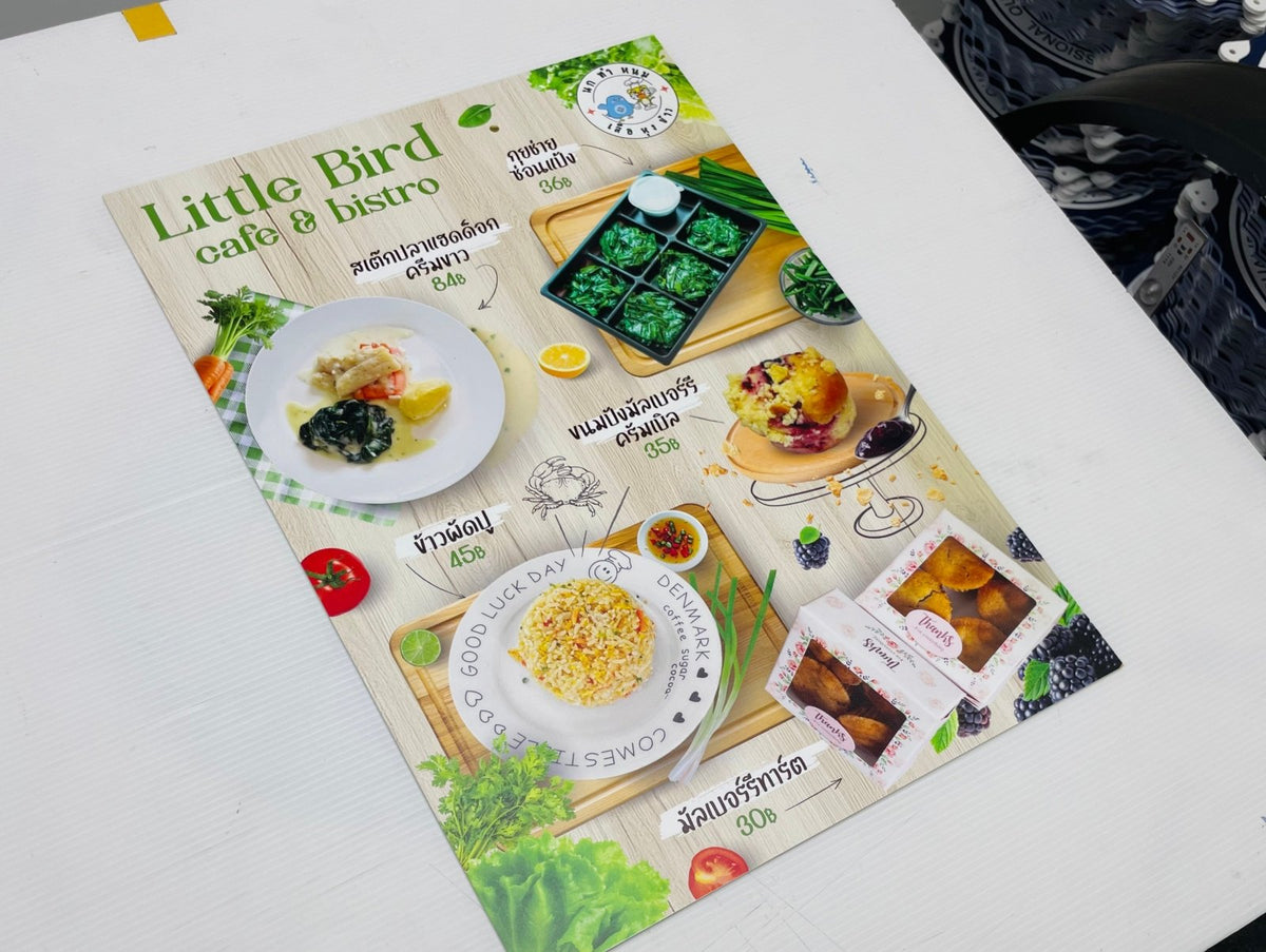 แผ่นเมนู พลาสติก HIP พลาสวูด แข็งแรง กันน้ำ พิมพ์คมชัด เหมาะสำหรับร้านอาหารและคาเฟ่