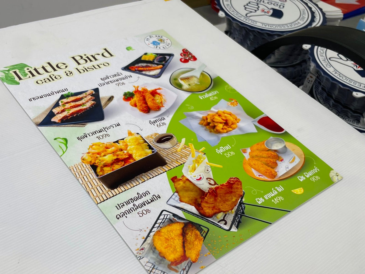 แผ่นเมนู พลาสติก HIP พลาสวูด แข็งแรง กันน้ำ พิมพ์คมชัด เหมาะสำหรับร้านอาหารและคาเฟ่