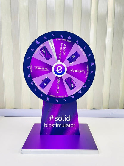 ป้ายหมุนวงล้อขนาดเล็กสีม่วงพร้อมโลโก้และข้อมูลสินค้า