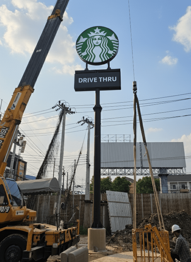 ป้ายเสา ป้ายทาวเวอร์ starbucks ดีไซน์โดดเด่น แข็งแรง ทนทาน เหมาะสำหรับป้ายบริษัท โครงการ อาคาร และงานโฆษณากลางแจ้ง งานติดตั้งโดย Octopus Media Solutions