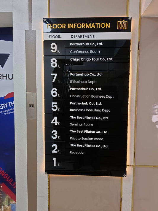 ป้ายบอกชั้น ตัวอักษรชัดเจน ดีไซน์เรียบหรู เหมาะสำหรับอาคารสำนักงาน โรงแรม และห้างสรรพสินค้า