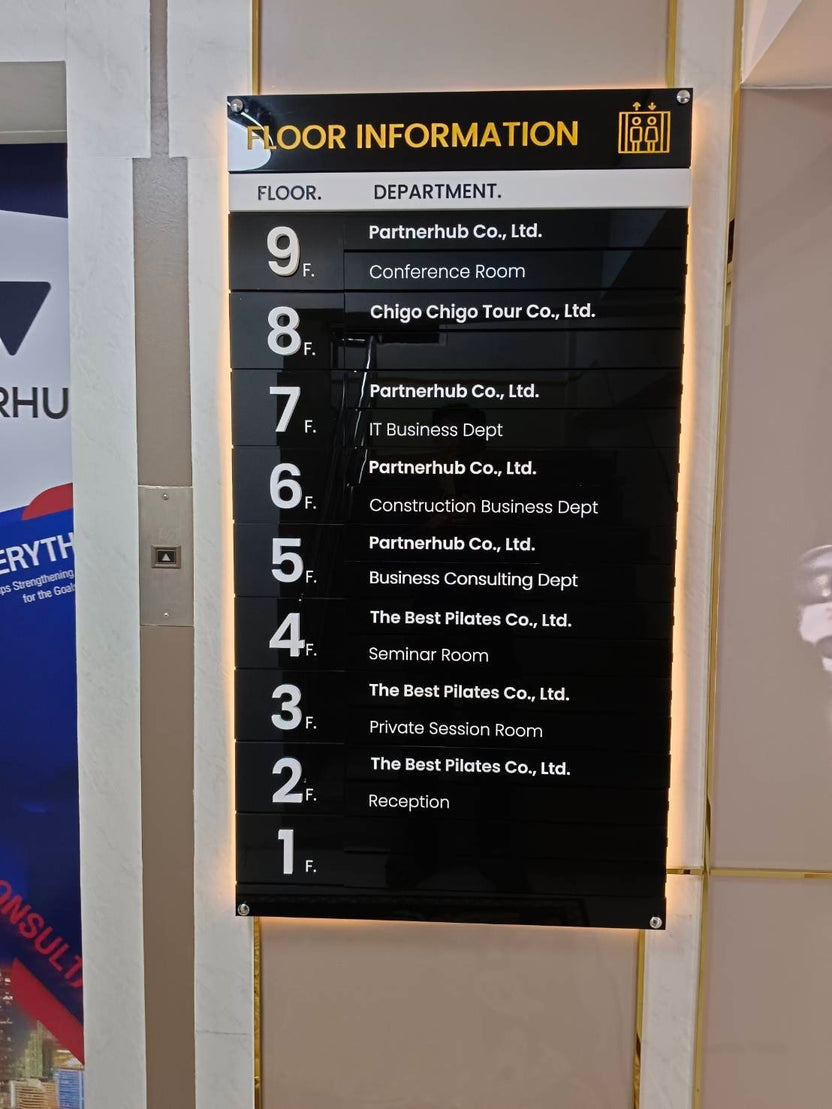 ป้ายบอกชั้น ตัวอักษรชัดเจน ดีไซน์เรียบหรู เหมาะสำหรับอาคารสำนักงาน โรงแรม และห้างสรรพสินค้า
