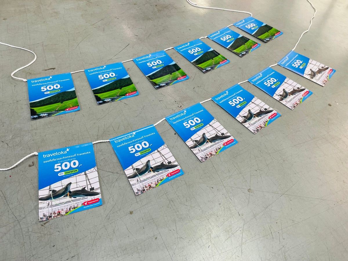 ธงราว Bunting Flag พิมพ์สีสดคมชัด น้ำหนักเบา แข็งแรง เหมาะสำหรับงานอีเวนต์ งานเทศกาล งานโปรโมชัน และตกแต่งหน้าร้าน