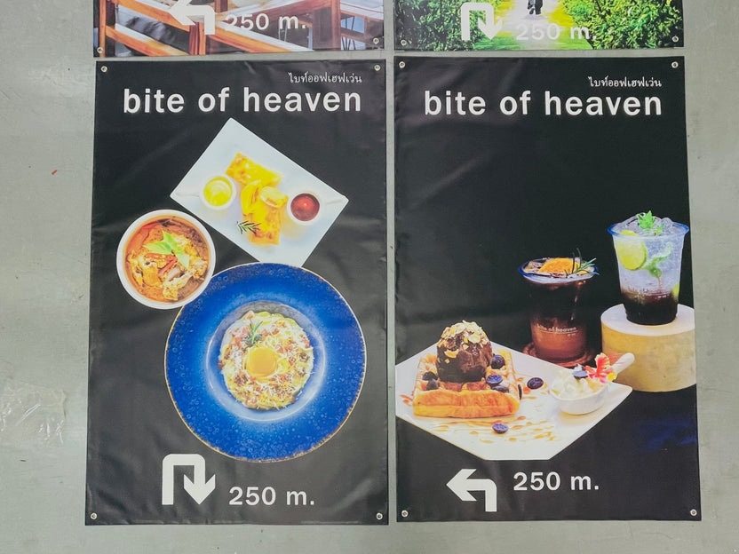 ป้ายไวนิลร้านอาหาร สีสด คมชัด เหมาะสำหรับร้านอาหาร คาเฟ่ และธุรกิจบริการด้านอาหาร