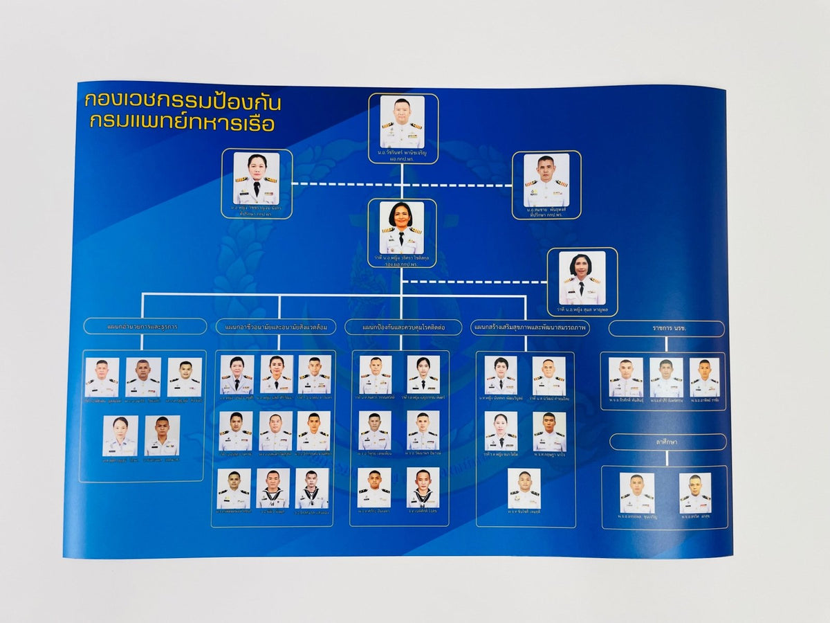 แผนผังองค์กร Organization Chart แสดงโครงสร้างบริษัท ชื่อผู้บริหาร และแผนกงาน พิมพ์คมชัด เหมาะสำหรับออฟฟิศ และงานประชาสัมพันธ์