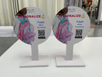 POSM Tabletop signs featuring a girl with backpack, ป้ายพลาสวูด ตั้งโต๊ะ Scan QR Code