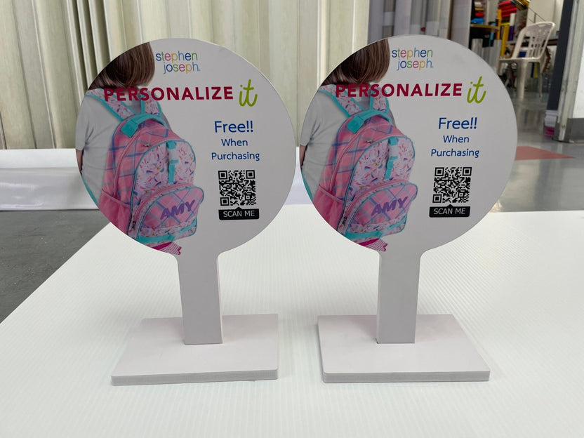 POSM Tabletop signs featuring a girl with backpack, ป้ายพลาสวูด ตั้งโต๊ะ Scan QR Code