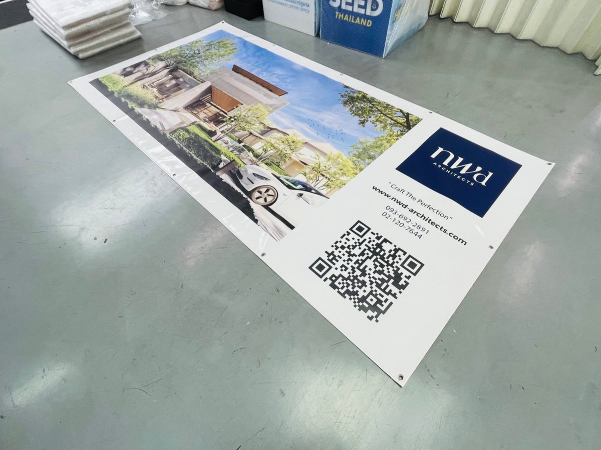 ป้ายไวนิลหมู่บ้านจัดสรร ป้ายโครงการ พิมพ์คมชัด สีสด เหมาะสำหรับงานอสังหาริมทรัพย์และประชาสัมพันธ์