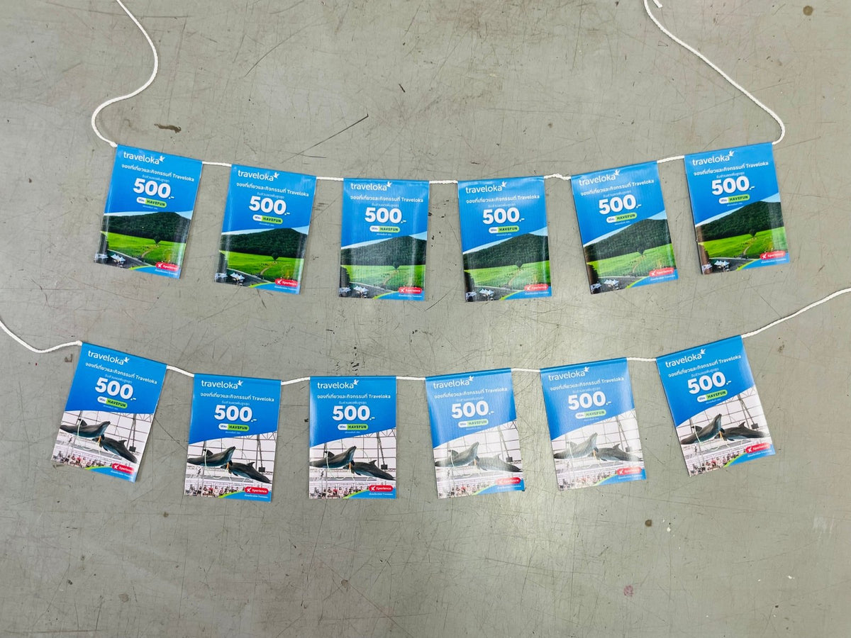 ธงราว Bunting Flag พิมพ์สีสดคมชัด น้ำหนักเบา แข็งแรง เหมาะสำหรับงานอีเวนต์ งานเทศกาล งานโปรโมชัน และตกแต่งหน้าร้าน