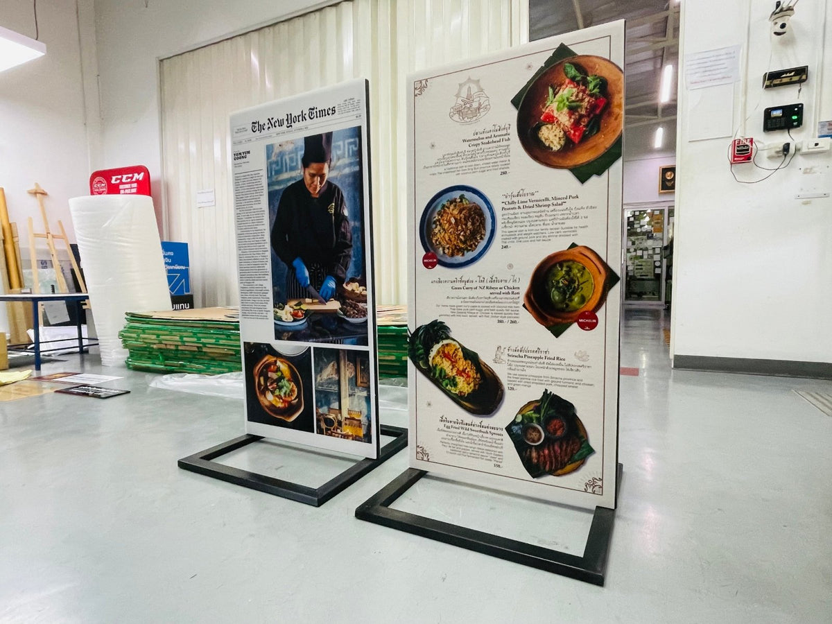 ป้ายตั้งฟิวเจอร์บอร์ด พร้อมโครงเหล็ก แข็งแรง ทนทาน พิมพ์คมชัด เหมาะสำหรับงานอีเวนต์ โปรโมชัน และป้ายโฆษณากลางแจ้ง