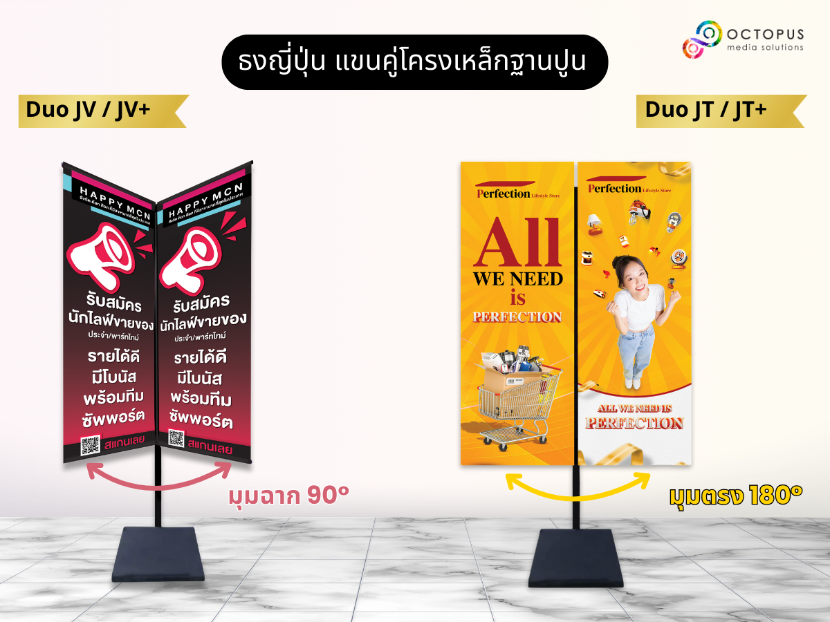 ธงญี่ปุ่นแขนคู่ ติดโครงเหล็ก ฐานปูน มุมปรับ 90°–180° เหมาะสำหรับบูธและงานโปรโมชัน
