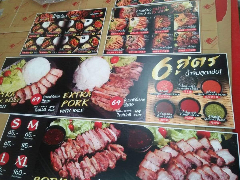 ป้ายเมนูอาหาร ป้ายราคา สำหรับติดผนังและตั้งโต๊ะ พิมพ์คมชัด ใช้งานสะดวก เหมาะสำหรับร้านอาหาร คาเฟ่ และร้านค้า