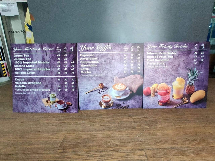 ป้ายเมนูอาหาร ป้ายราคา สำหรับติดผนังและตั้งโต๊ะ พิมพ์คมชัด ใช้งานสะดวก เหมาะสำหรับร้านอาหาร คาเฟ่ และร้านค้า