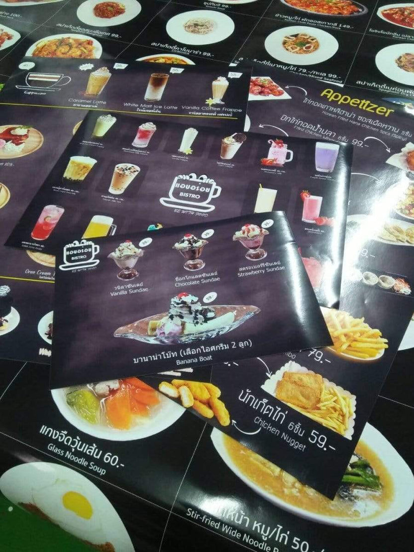 ป้ายเมนูอาหาร ป้ายราคา สำหรับติดผนังและตั้งโต๊ะ พิมพ์คมชัด ใช้งานสะดวก เหมาะสำหรับร้านอาหาร คาเฟ่ และร้านค้า