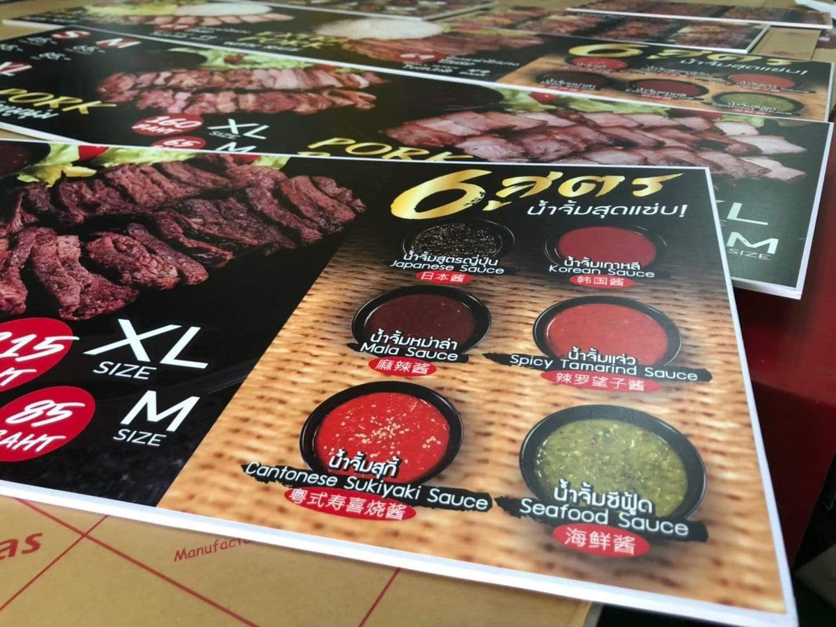 ป้ายเมนูอาหาร ป้ายราคา สำหรับติดผนังและตั้งโต๊ะ พิมพ์คมชัด ใช้งานสะดวก เหมาะสำหรับร้านอาหาร คาเฟ่ และร้านค้า