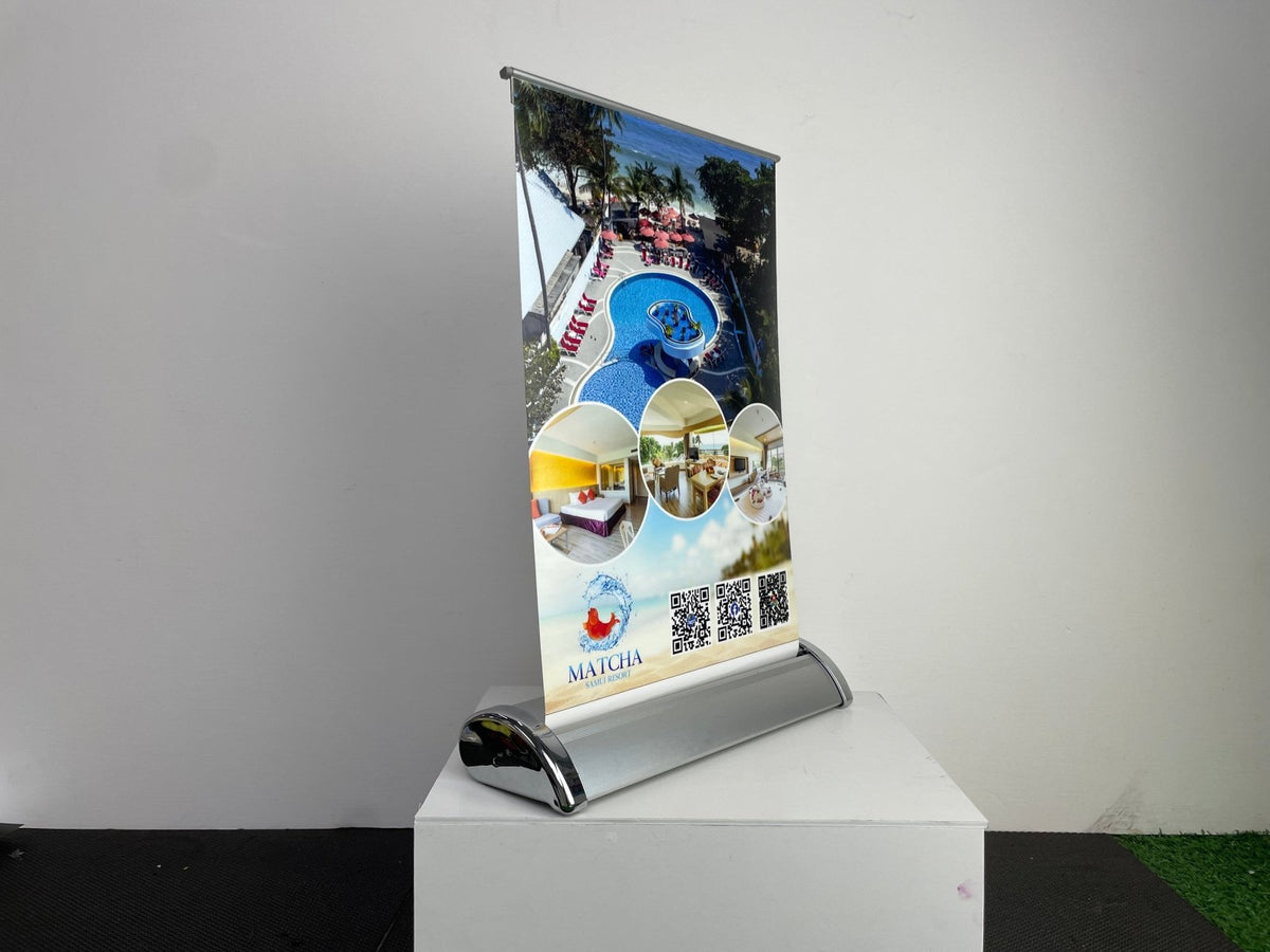 Mini Roll Up โรลอัพขนาดเล็ก น้ำหนักเบา ติดตั้งง่าย เหมาะสำหรับโปรโมชัน ร้านค้า และบูธแสดงสินค้า