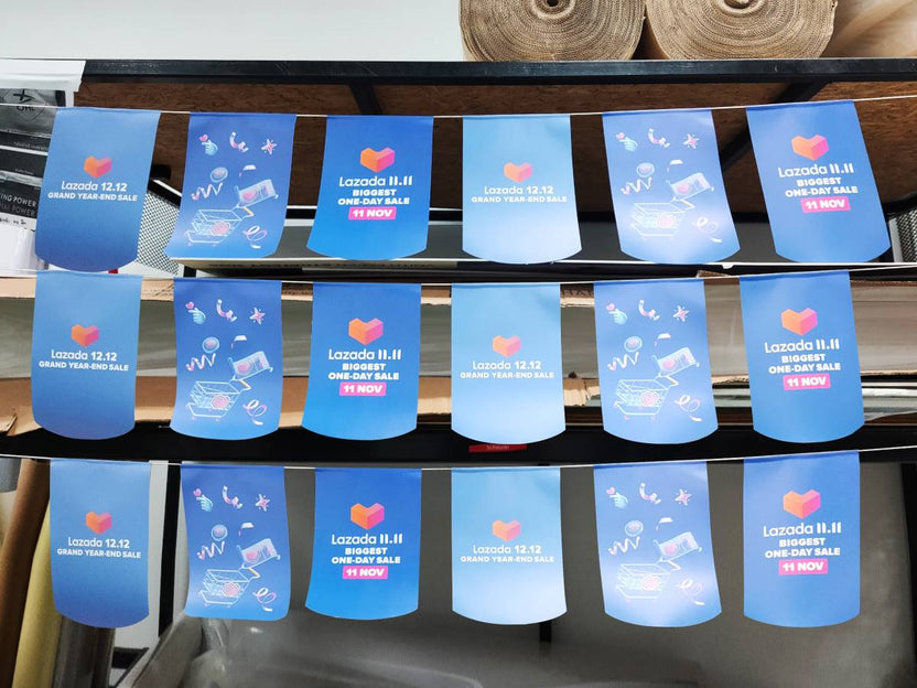 ธงราว Bunting Flag พิมพ์สีสดคมชัด น้ำหนักเบา แข็งแรง เหมาะสำหรับงานอีเวนต์ งานเทศกาล งานโปรโมชัน และตกแต่งหน้าร้าน