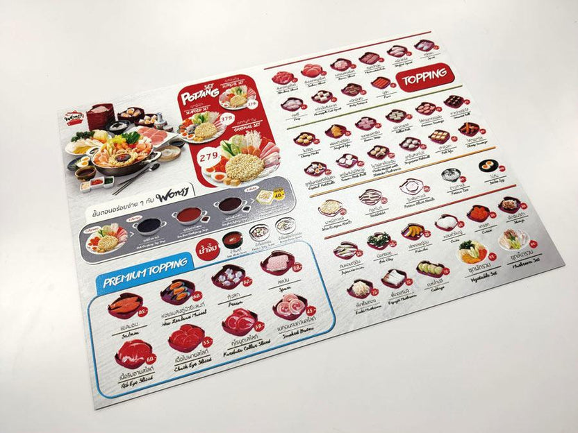 ป้ายเมนูอาหาร ป้ายราคา สำหรับติดผนังและตั้งโต๊ะ พิมพ์คมชัด ใช้งานสะดวก เหมาะสำหรับร้านอาหาร คาเฟ่ และร้านค้า