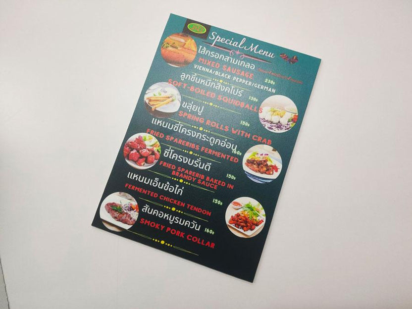 ป้ายเมนูอาหาร ป้ายราคา สำหรับติดผนังและตั้งโต๊ะ พิมพ์คมชัด ใช้งานสะดวก เหมาะสำหรับร้านอาหาร คาเฟ่ และร้านค้า