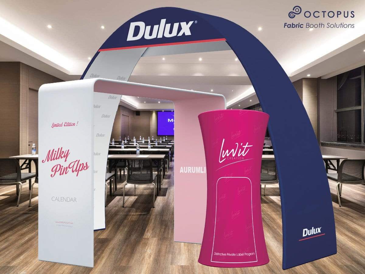 บูธสำเร็จรูป ซุ้มออกบูธพร้อมเค้าเตอร์ ออคโทพุส เค้าน์เตอร์ออกบูธ Dulux อุปกรณ์ออกบูธงาน Expo เมืองทองธานี
