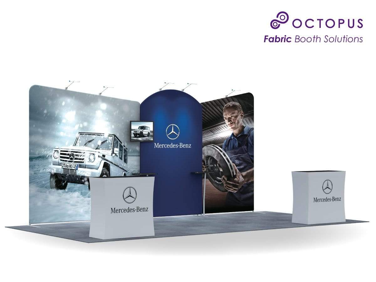 ชุดจัดบูธสำเร็จรูป บูธผ้าสำเร็จรูป แบคดรอปผ้าสำเร็จรูป Booth Solution Elegant B