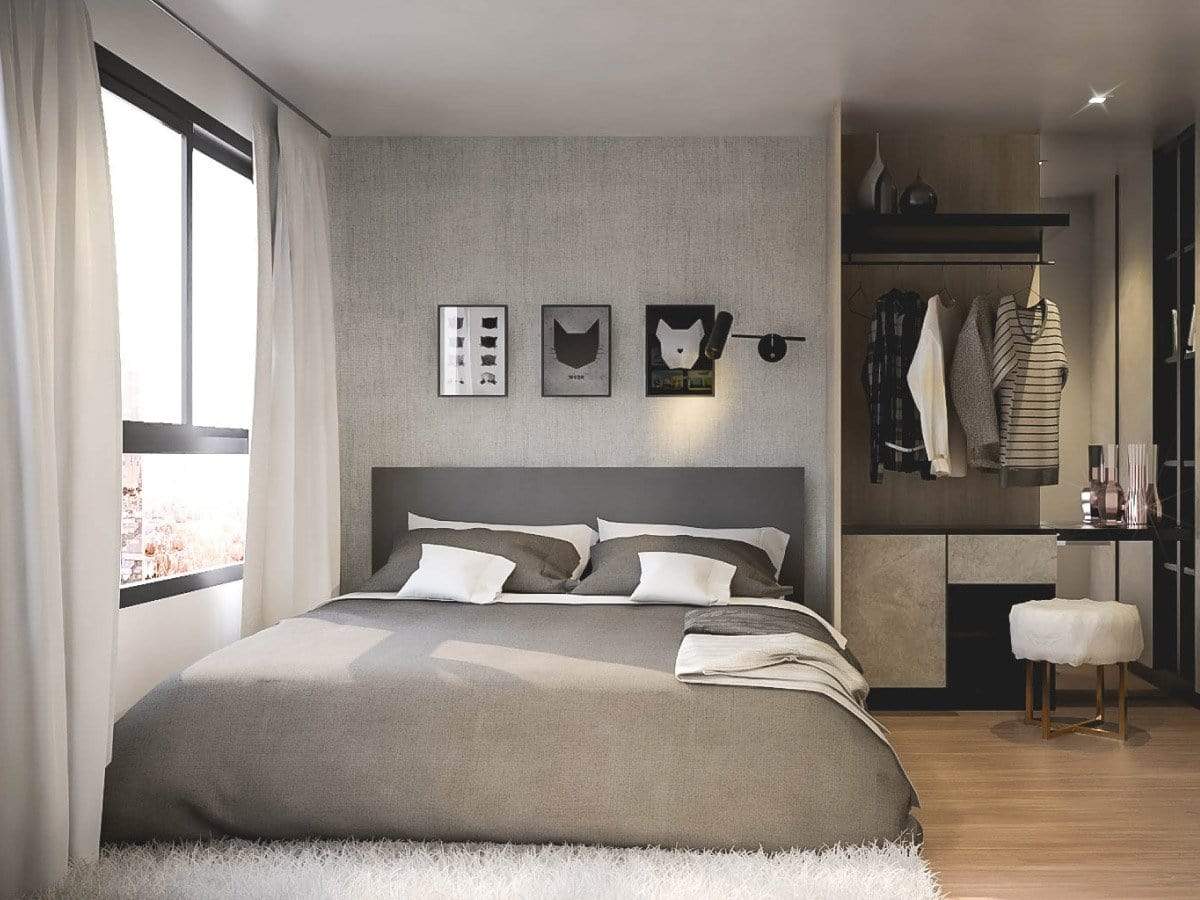 ออกแบบภาพ 3 มิติ ออกแบบห้องนอน ภาพตัวอย่าง ห้องนอน คอนโด โมเดิร์น เทา ดีไซน์ ออกแบบ พร้อมตกแต่ง