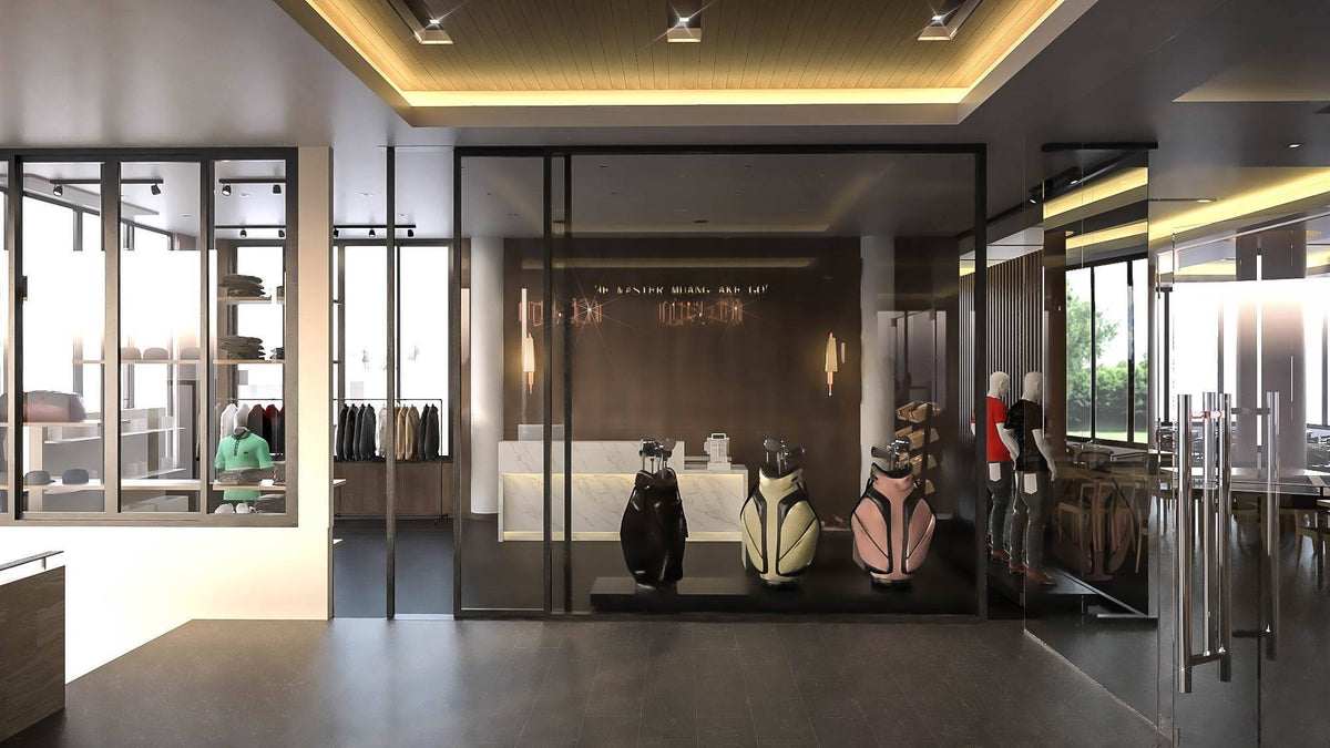 ออกแบบภาพ 3 มิติ ออกแบบร้านค้า ขายอุปกรณ์กีฬา กอล์ฟ ภาพตัวอย่าง ร้านขายอุปกรณ์ตีกอล์ฟ ดีไซน์ ออกแบบ พร้อมตกแต่ง