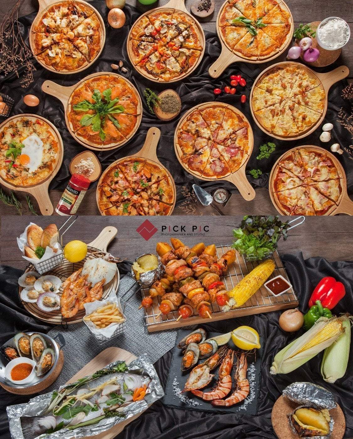 ถ่ายภาพอาหาร (Food & Menu) พิซซ่าเต็มโต๊ะ มุมบน  food stylist