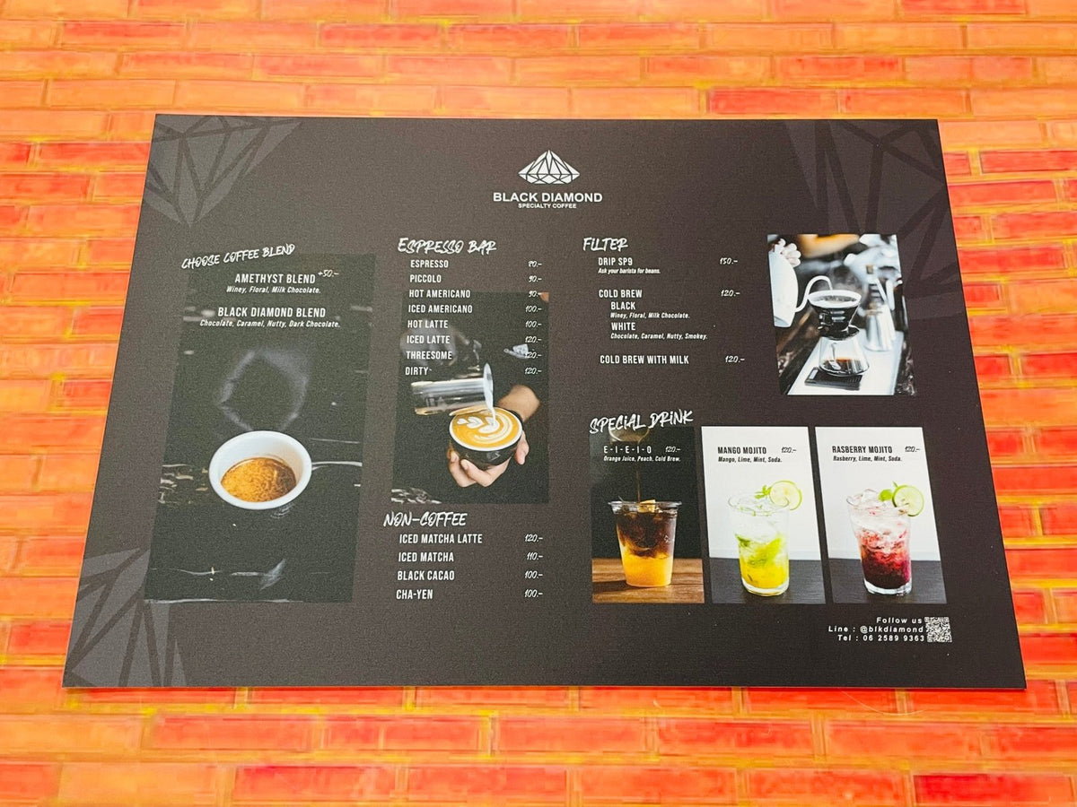 แผ่นเมนู พลาสติก HIP พลาสวูด แข็งแรง กันน้ำ พิมพ์คมชัด เหมาะสำหรับร้านอาหารและคาเฟ่