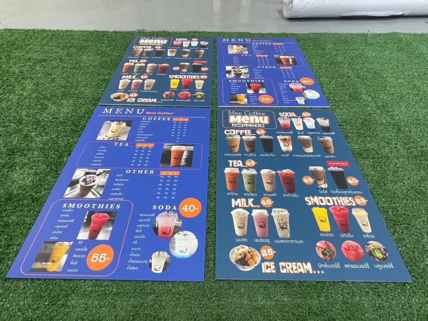 แผ่นเมนู พลาสติก HIP พลาสวูด แข็งแรง กันน้ำ พิมพ์คมชัด เหมาะสำหรับร้านอาหารและคาเฟ่