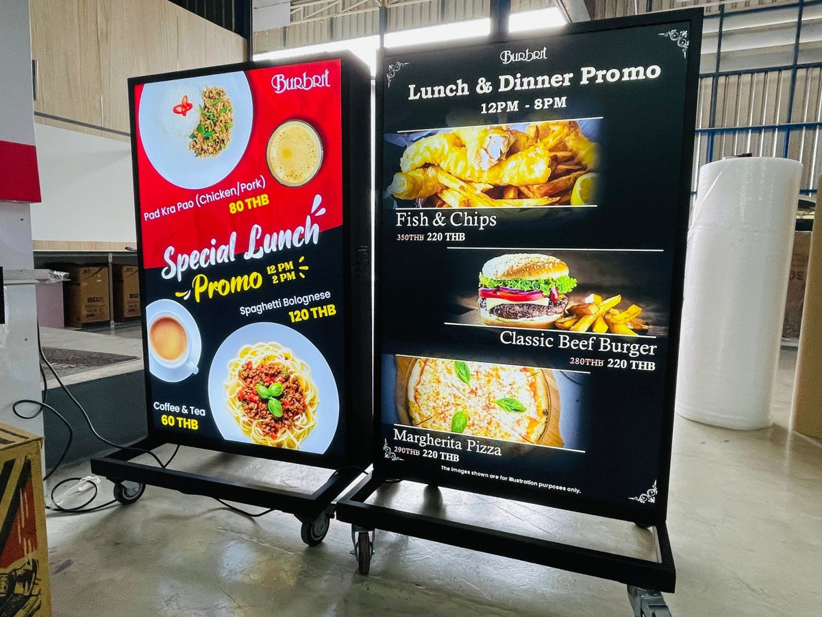 ป้ายไฟล้อเลื่อน และป้ายไฟมีล้อ เคลื่อนย้ายสะดวก สว่างคมชัด เหมาะสำหรับหน้าร้าน งานอีเวนต์ และป้ายโฆษณาโปรโมชัน